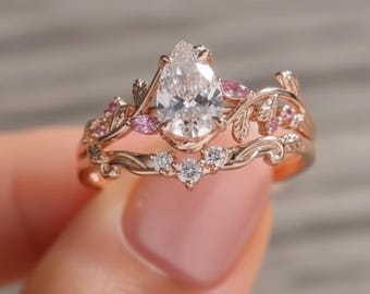2CT Pear Moissanite Engagement Ring Set 14K Gold Bridal Floral Wedding Promise Ring Anniversary Gift