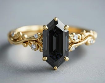 Black Dutch Marquise Moissanite Engagement Ring – Art Deco Vintage Bridal Ring – Custom 14K Gold Ring for Her, Unique Gift for Her