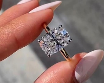 4ct Elongated Cushion Cut Moissanite Engagement Ring, Hidden Halo Cushion Cut Engagement Ring, 10k Solid Gold Solitaire Diamond Ring