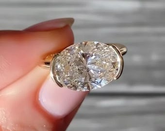 East West 4 Carat Oval Moissanite Engagement Ring – Half Bezel Set, Vintage Open Gallery, Large Solitaire Wedding Band for Her