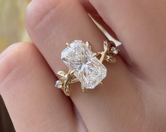 3 CT Elongated Radiant-Cut Moissanite Compass Hidden Halo Floral Ring | Unique Natural Inspired Promise Ring | Engagement Ring |