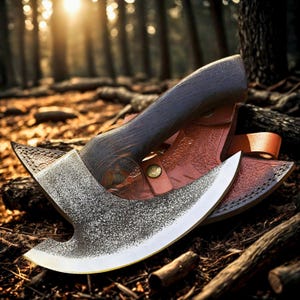 May include: A handcrafted axe with a dark wooden handle and a silver blade. The axe is partially sheathed in a brown leather case with decorative stitching and a strap. The background features a forest setting with sunlight filtering through the trees.