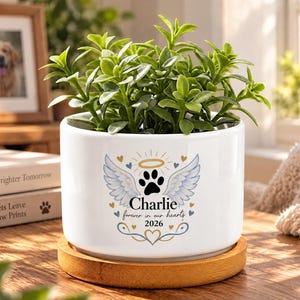 May include: A white ceramic planter with a wooden base containing a green plant. The planter features a graphic of a black paw print with angel wings, a gold halo, and the text "Charlie forever in our hearts 2026" in black font.