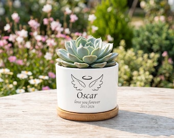 Personalized Pet Memorial Planter, Custom Angel Wings Succulent Pot, Dog Cat Sympathy Keepsake, Ceramic Memorial Gift with Bamboo Tray