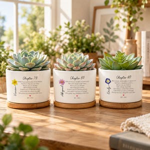 Peut inclure: Trois pots de fleurs en céramique blanche sur des soucoupes en bambou, contenant chacun une plante succulente verte. Les pots portent des inscriptions telles que Chapter 70, 60 et 80, les prénoms Vivian, Abigail et Emily, et des motifs floraux.