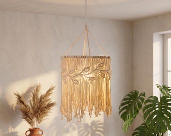Boho Macrame Lampshade Handmade Cotton Rope Leaf Design Hanging Light Shade Bohemian Home Decor