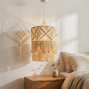 May include: A cream-coloured macrame pendant light with a layered fringe design. The light hangs from a white ceiling mount. The fixture is above a wooden bedside table with a small vase of dried flowers.
