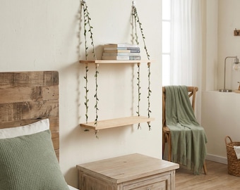 Estantería de pared de madera estilo bohemio de dos niveles con detalles de enredaderas, estante flotante rústico, expositor colgante para plantas de estilo granja, decoración bohemia para el hogar.