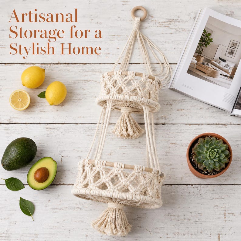 May include: A macrame hanging storage basket with two tiers, wooden accents, and a tassel. The text "Artisanal Storage for a Stylish Home" is at the top. The image also includes lemons, an avocado, and a succulent in a terracotta pot.