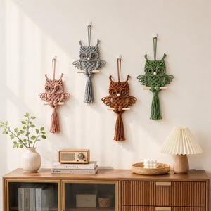 May include: Four macrame owl wall hangings in dusty pink, gray, brown, and green. Each owl features knotted cord details, large dark eyes, a wooden perch, and a long tassel. The owls are suspended from individual hooks on a plain wall.