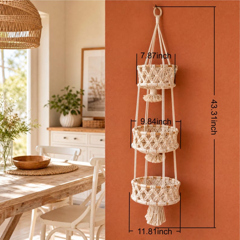 May include: A three-tiered macrame hanging planter with wooden rims and a woven design. The total height is 43.31 inches, with basket diameters of 7.87, 9.84, and 11.81 inches. The planter hangs from a loop at the top.