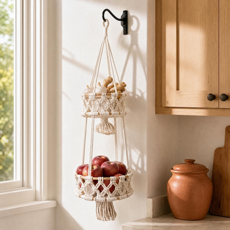 May include: A two-tiered macrame hanging basket filled with red apples and garlic and ginger. The basket is suspended from a black hook on a white wall, with a wooden cabinet and a window in the background. The basket has a natural, off-white color.