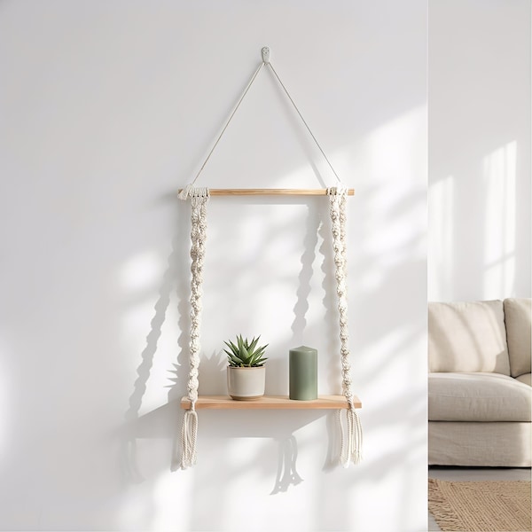 Boho Macrame Wall Shelf, Handmade Wooden Hanging Shelf, Farmhouse Bohemian Wall Decor, Rustic Floating Organizer