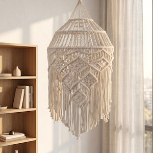 May include: Cream-colored macrame pendant light fixture. The light has a conical shape with a geometric diamond pattern and long fringe. The fixture is suspended from a white cord, adding a bohemian touch to any room.