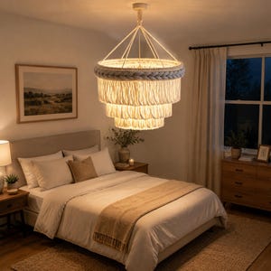Pantalla de lámpara de macramé bohemio con flecos de 3 capas, pantalla colgante de cuerda de algodón tejida a mano, cubierta de lámpara de techo neutra para la decoración del dormitorio y la sala de estar.