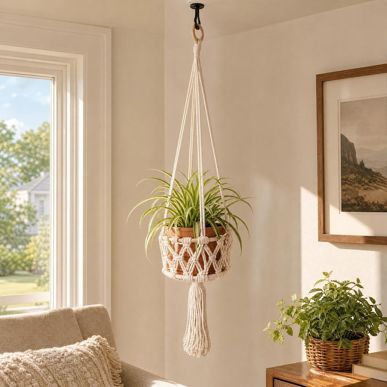 May include: A hanging macrame plant holder with a terracotta pot containing a green plant. The plant holder is suspended from the ceiling with a wooden ring and a long tassel. The room has a neutral color palette with a window and artwork.
