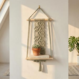 Estantería de pared grande de macramé estilo bohemio, estante colgante de madera hecho a mano, decoración rústica de pared estilo bohemio para sala de estar, dormitorio y habitación infantil.