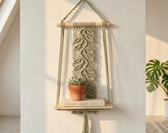 Large Boho Macrame Wall Shelf Handmade Hanging Wooden Shelf Rustic Bohemian Wall Decor for Living Room Bedroom Nursery