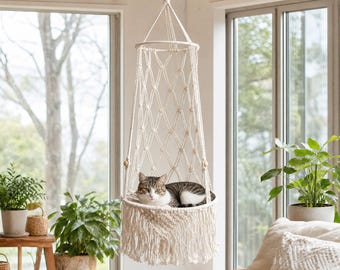 Boho Handmade Macrame Cat Hammock Bed Hanging Cat Swing Chair Indoor Woven Cat Nest Wall Mounted Pet Bed Decor