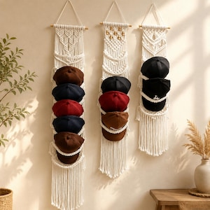Woven Hat Holder for Wall, Hanging Baseball Cap Organizer, Macrame Cap Storage Display, Closet Entryway Hat Hanger, Boho Gift