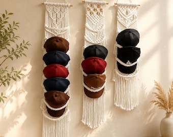 Woven Hat Holder for Wall, Hanging Baseball Cap Organizer, Macrame Cap Storage Display, Closet Entryway Hat Hanger, Boho Gift