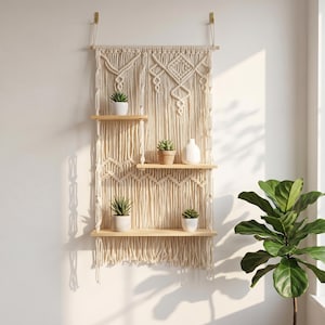 Handwoven Multi Tier Hanging Shelf, Boho Macrame Wall Organizer, Woven Wall Shelf for Plants, Bathroom Kitchen Entryway Decor