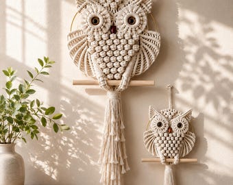Tapiz de pared estilo boho con forma de búho, tapiz de macramé hecho a mano, decoración tejida con forma de búho, arte para la habitación infantil, decoración boho para el hogar.