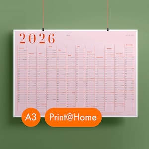 Könnte beinhalten: Ein großer rosa Kalender für 2026 mit der Jahreszahl in Orange. Der Kalender hat ein monatliches Layout mit Daten und Tagen. Der Text "Print@Home" befindet sich in einem orangefarbenen Rechteck, und die Größe ist A3.