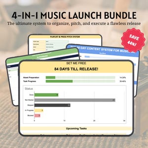 May include: A digital 4-in-1 music launch bundle displayed on screens, featuring a project management interface with the text 84 DAYS TILL RELEASE, status bar charts, and a red badge indicating SAVE 44%. The layout includes tables for playlist, press pitch, and content systems.