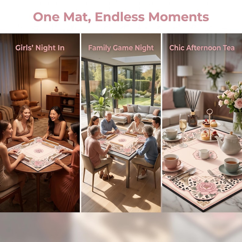 May include: A square game mat featuring a light pink background with a floral and leopard print border. The mat displays the text One Mat, Endless Moments, Girls' Night In, Family Game Night, and Chic Afternoon Tea across three panels.