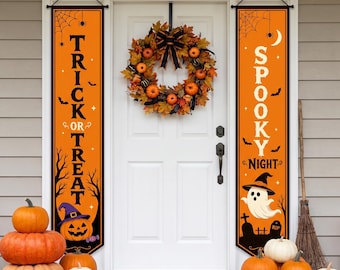Halloween Porch Banner Set, Süßes oder Saures & Spooky Night Haustür Hängende Flaggen, Leinen, Outdoor Wetterbeständig, Stange und Seil inklusive