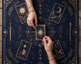 Könnte beinhalten: Ein quadratisches, marineblaues Altartuch mit goldenen Illustrationen zu Tarot und Himmelskörpern, darunter ein zentraler Stern, ein Schwert und vier Tarotkarten mit den Bezeichnungen The Sun, The Moon, The Star und The Fool um einen Tierkreis.