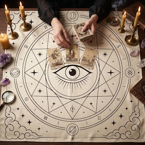 Puede incluir: Un mantel de tarot beige con un diseño geométrico negro que presenta un ojo, estrellas y símbolos. Se muestran tres cartas de tarot: El Loco, El Mago y La Estrella. Velas encendidas, cristales y una lupa rodean el mantel.