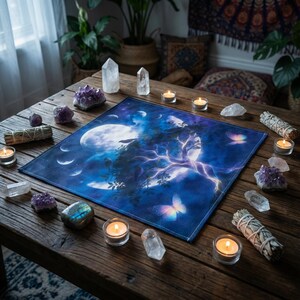 Tarot Cloth Moon Phase Tree of Life  Linen Altar Cloth, Non Slip Tarot Table Cover, Divination Mat Witch Decor