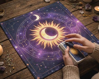 Könnte beinhalten: Ein lila-blaues Tarot-Tuch mit einem Himmelsdesign mit Sonne, Mond und Sternbildern. Eine Person hält ein Tarotkarten-Deck. Das Tuch liegt auf einem Holztisch mit Kerzen und Kristallen.