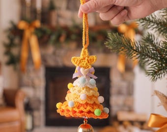 Handmade Crochet Christmas Tree Ornament w/ Bell, Warm Gradient Yarn Holiday Decor, Cute Star Bow, Car Mirror & Bag Charm, Christmas gife