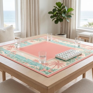 Tropical Island Mahjong Table Mat, Noise Reducing Quiet Play Mat, Non Slip Rubber Base, Pink Mint Game Table Cover, Holiday Gift for Game