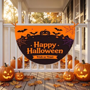 Geplooide Halloween-vlag, halfronde verandabanner, oranje zwart paars buitendecor, bord Happy Halloween, pompoenvleermuis spinnenweb