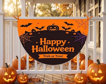 Halloween Plissee Fan Flagge, halbrundes Porch Banner, Orange Schwarz Lila Outdoor Decor, Happy Halloween Schild, Kürbisfledermaus Spinnennetz