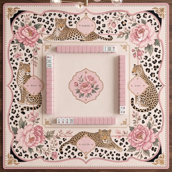 Leopard Peony Mahjong Table Mat, Noise Reducing Non Slip Game Pad, French Vintage Board Game Mat, Roll Up Mahjong Mat Gift