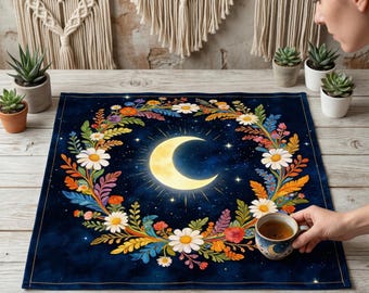 Tarot Kartentuch Leinen Altar Tuch für Tarot Legung, Mond Wreath Wahrsager Tischdecke, Orakel Kartenmatte