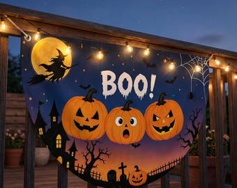 Könnte beinhalten: Ein halbkreisförmiges Halloween-Banner mit dem weißen Schriftzug BOO!, drei orangefarbenen Kürbissen mit unterschiedlichen Gesichtsausdrücken, einer Hexensilhouette auf einem Besen vor einem gelben Mond, einem Spukhaus und einem Spinnennetz.