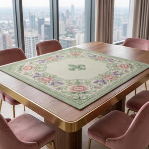 French Vintage Floral Mahjong Table Mat, Anti-Slip Silent Rubber Backed Playmat, Noise-Reducing Tile Game Pad, Iris Rose Decor image 5