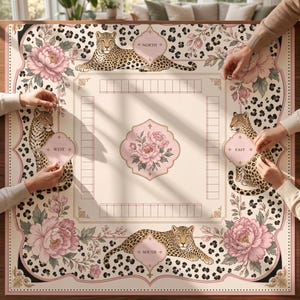 Leopard Peony Mahjong Table Mat, Noise Reducing Non Slip Game Pad, French Vintage Board Game Mat, Roll Up Mahjong Mat Gift image 2