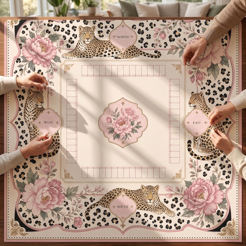 Leopard Peony Mahjong Table Mat, Noise Reducing Non Slip Game Pad, French Vintage Board Game Mat, Roll Up Mahjong Mat Gift image 2