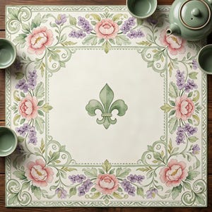 May include: A square placemat featuring a cream-coloured centre with a central green fleur-de-lis. The border is decorated with pink peonies, purple lavender sprigs, and green scrolling foliage. The design is symmetrical and ornate in style.