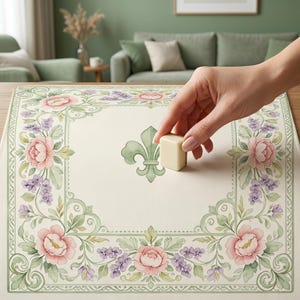May include: A square cream-coloured game board featuring a central green fleur-de-lis emblem and a decorative border of pink peonies and purple lavender sprigs. A single off-white rectangular game tile is positioned on the board surface.