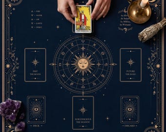 Könnte beinhalten: Ein dunkelblaues Tarot-Tuch mit goldenen Himmels- und Astrologie-Motiven, darunter eine zentrale Sonne, Tierkreiszeichen und beschriftete Kartenfelder für Vergangenheit, Zukunft, Unterbewusstsein, Deck und Ablage sowie Elementarsymbole.