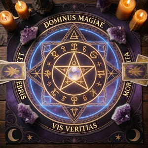 May include: A purple and gold divination mat with a pentagram design, surrounded by the text "DOMINUS MAGIAE" and "VIS VERITIAS". The mat features a glowing blue and gold design, with amethyst crystals, tarot cards, and lit candles arranged around it.