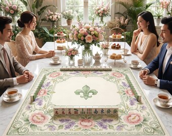 May include: A rectangular mahjong mat featuring a cream-colored center with a green fleur-de-lis emblem, surrounded by a decorative border of pink peonies and purple flowers. The mat is placed on a table with mahjong tiles arranged in rows.